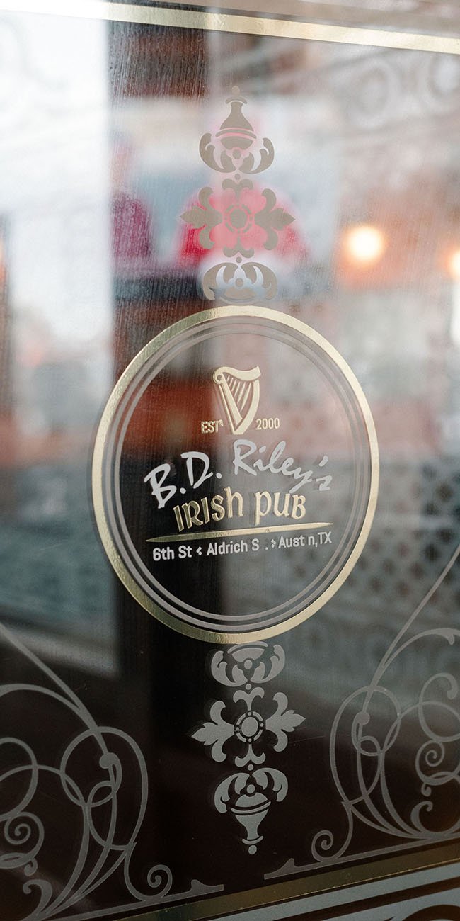 bd rileys logo on the front glass door